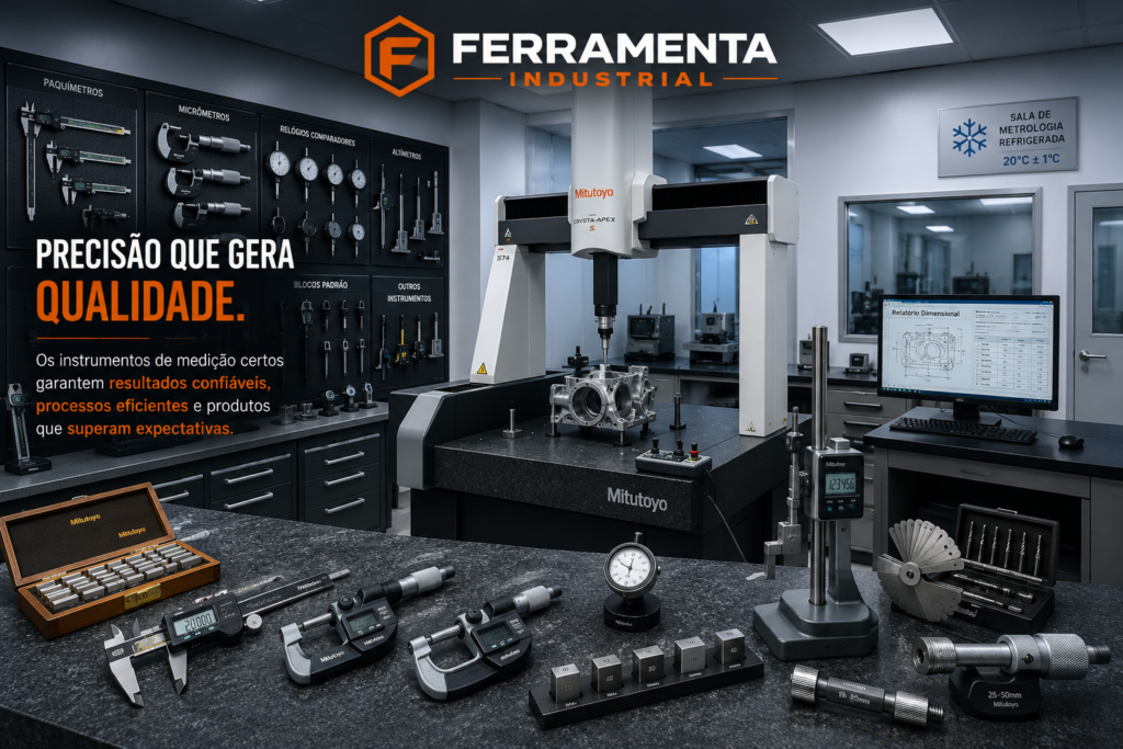 Sala de metrologia com instrumentos de medição industriais — controle de qualidade