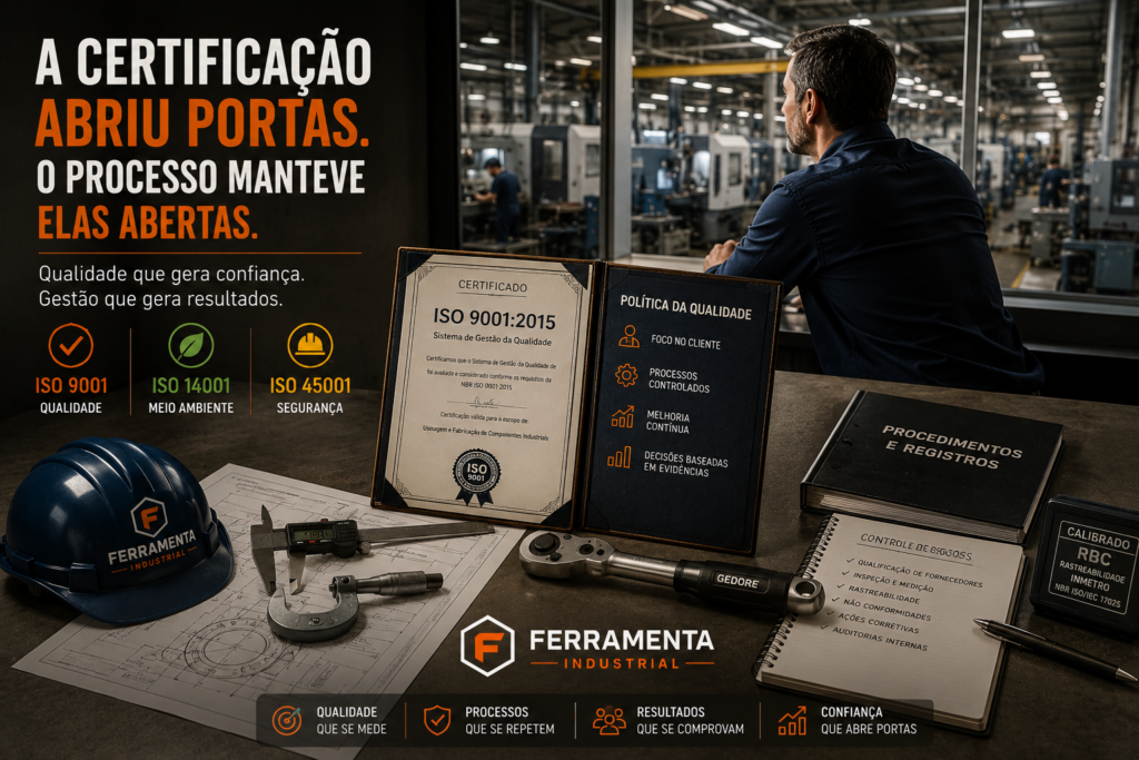 Infográfico ISO 9001, ISO 14001 e ISO 45001 com certificado, torquímetro Gedore calibrado RBC e checklist de controle de processos para usinagem industrial
