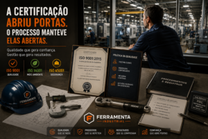 Infográfico ISO 9001, ISO 14001 e ISO 45001 com certificado, torquímetro Gedore calibrado RBC e checklist de controle de processos para usinagem industrial