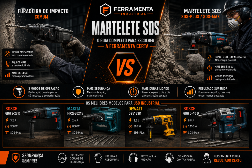 Comparativo martelete SDS vs furadeira de impacto — Bosch GBH 2-28 D, Makita HR2630X15, DeWalt D25133K e Bosch GBH 5-40 D