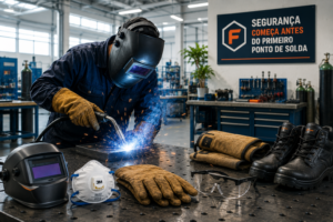 Soldador usando máscara de solda autoescurecente com proteção completa em ambiente industrial