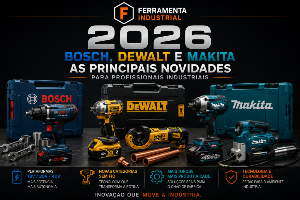 Ferramentas 2026: chave de impacto Bosch GDS 18V com bateria ProCORE, DeWalt DCF922 com cortador de tubos XR 20V e Makita DTW700 com pistola de graxa 40V XGT — as principais novidades das marcas para profissionais industriais