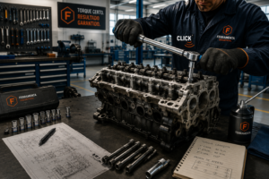 Mecânico aplicando torque no cabeçote do motor com torquímetro de estalo, ao lado de caderno com sequência de aperto e jogo de soquetes Ferramenta Industrial